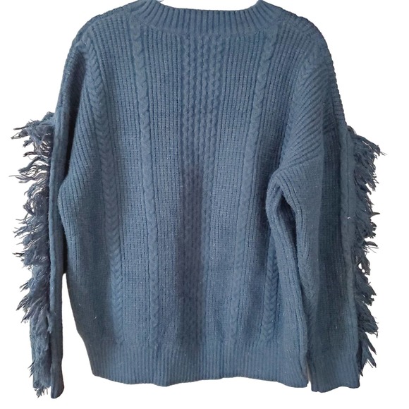 Avantlook Fringed Long Sleeve Cable knit Boho Crewneck Sweater Sz S Black Cozy - Picture 3 of 8